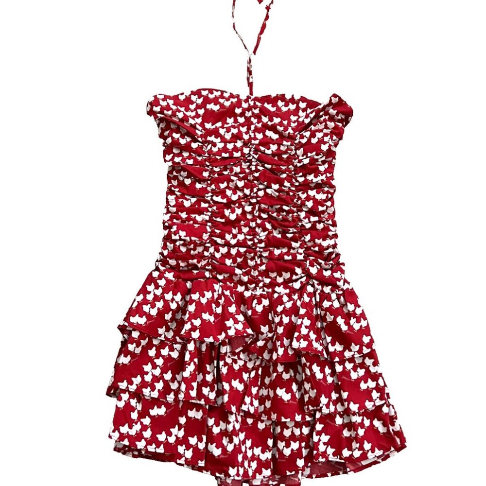 Fiorucci Rusched Halter Dress Red Chicken Print